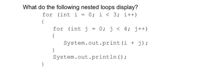 Solved What do the following nested loops display? for (int | Chegg.com