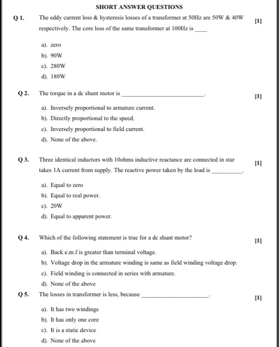 Solved Q1. SHORT ANSWER QUESTIONS The eddy current loss &