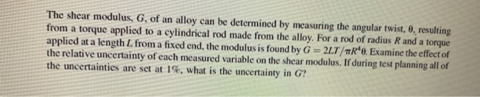 Solved The shear modulus, G, of an alloy can be determined | Chegg.com