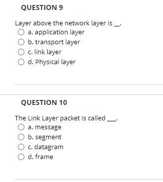 Solved QUESTION 9 Layer above the network layer is _ a. | Chegg.com