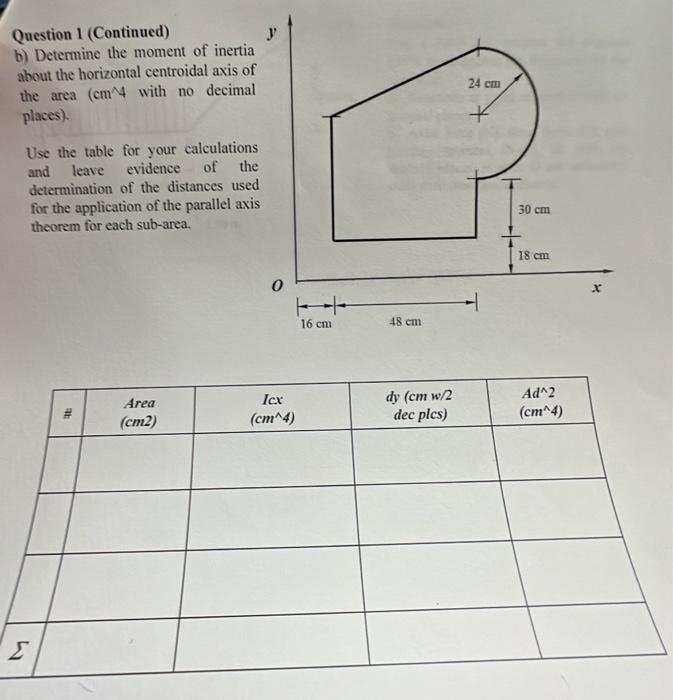 Question 1 (Continued)
b) Determine the moment of inertia about the horizontal centroidal axis of the area \( \left(\mathrm{c