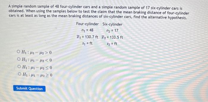 Solved A simple random sample of 48 four-cylinder cars and a | Chegg.com