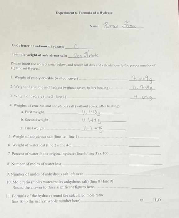 experiment 6 formula of a hydrate