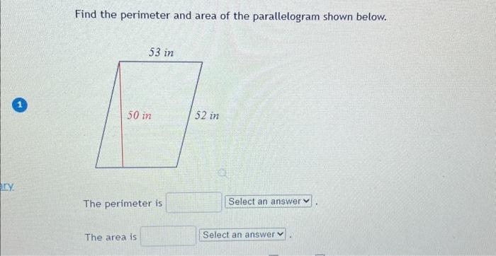 find the area and perimeter of the parallelogram given in the figures