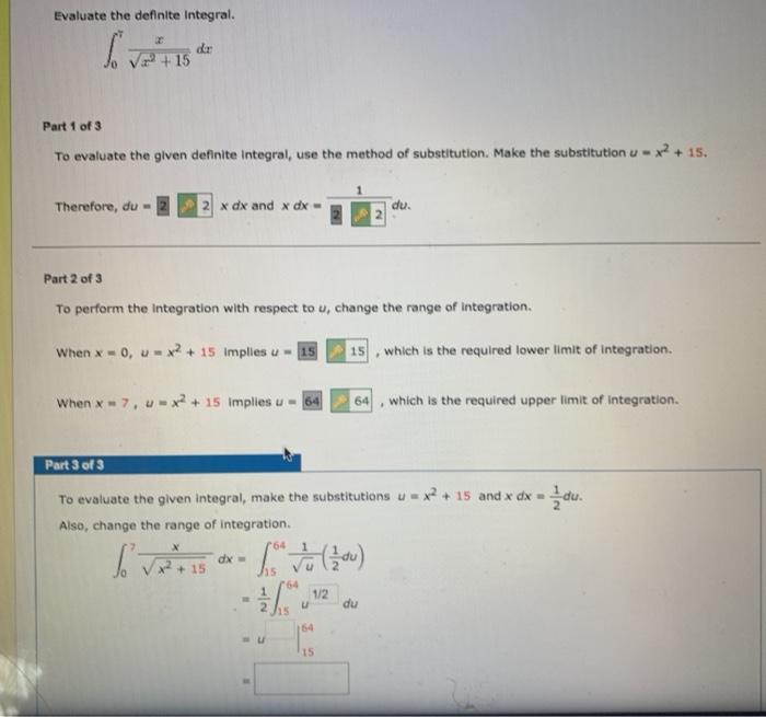 Solved Evaluate the definite Integral. So vp + 15 de Part 1 | Chegg.com