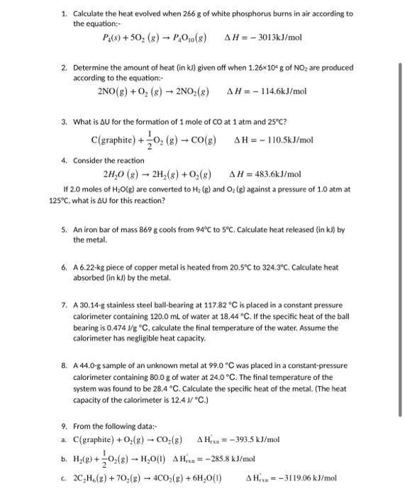 Solved 1. Calculate the heat evolved when 266 g of white | Chegg.com