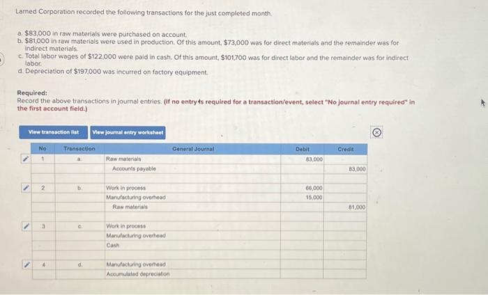 Solved Larned Corporation recorded the following | Chegg.com