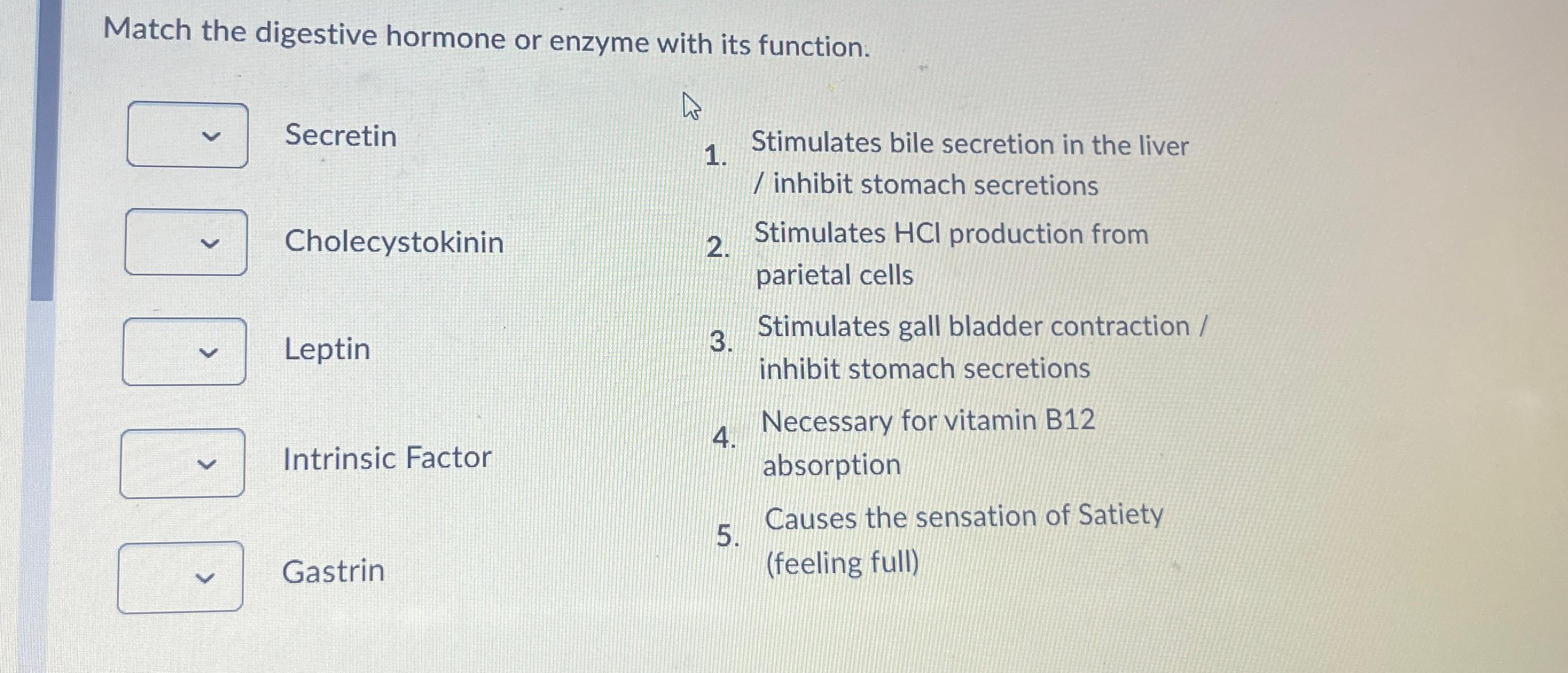 Match the digestive hormone or enzyme with its | Chegg.com