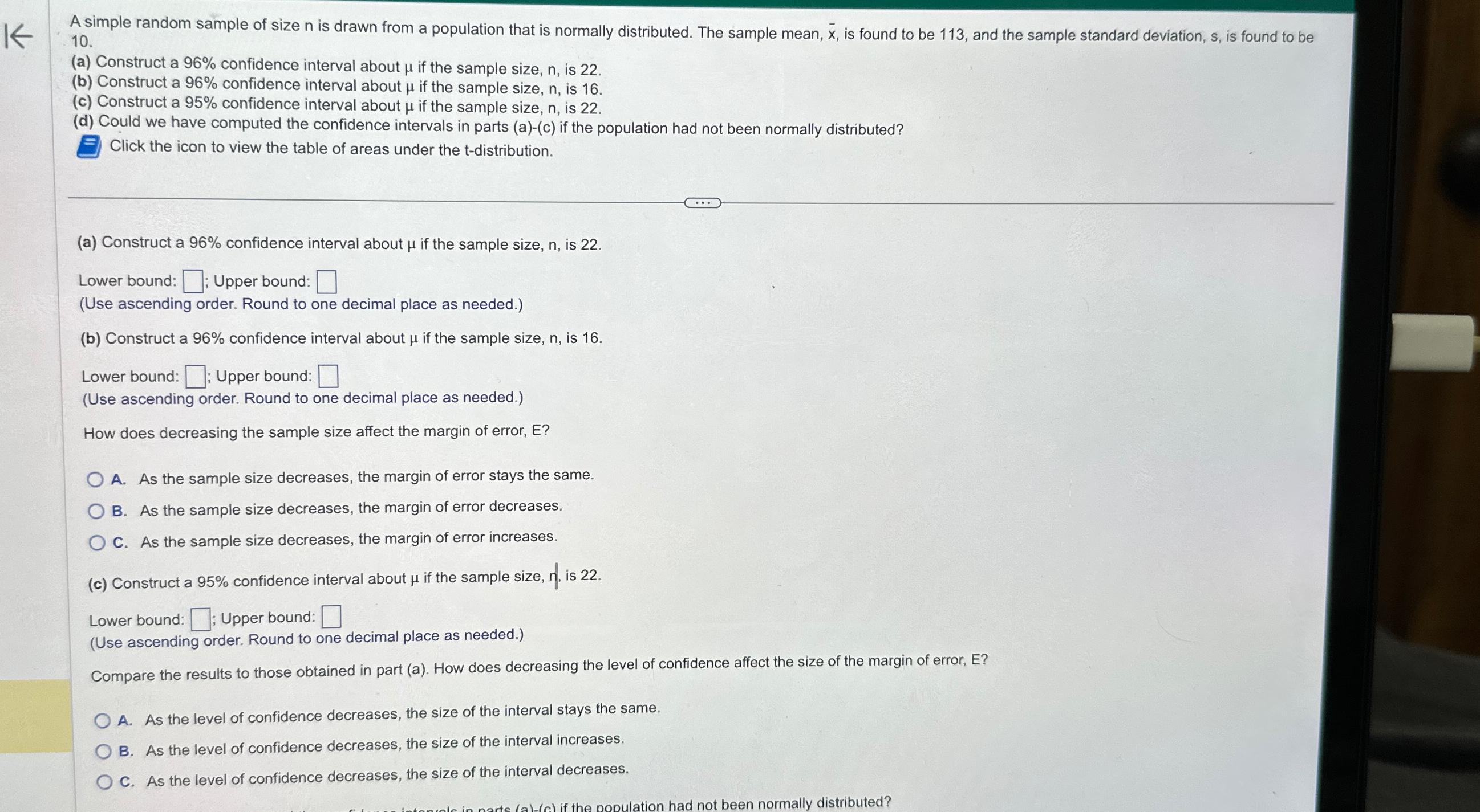 Solved (a) ﻿Construct a 96% ﻿confidence interval about μ ﻿if | Chegg.com
