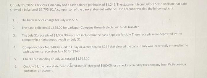 Solved On July 31, 2022, Larkspur Company had a cash balance | Chegg.com