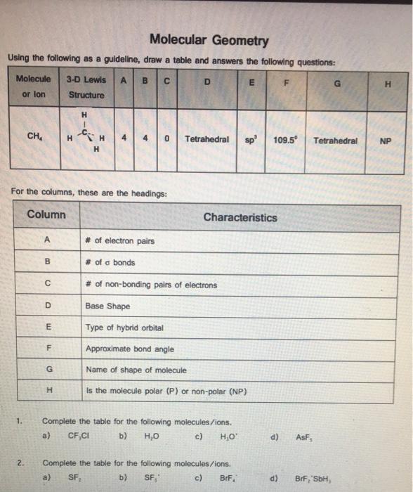Solved Molecular Geometry Using the following as a | Chegg.com