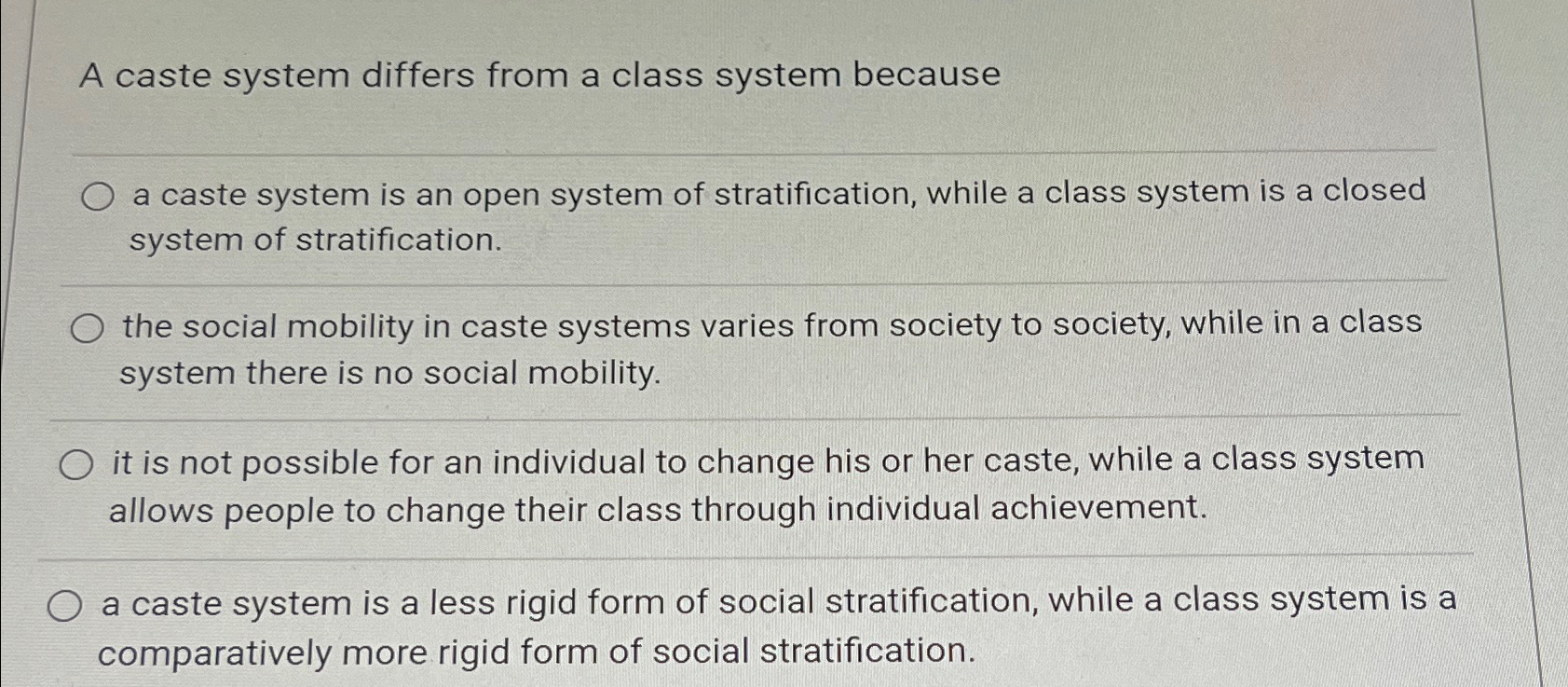 Solved A caste system differs from a class system becausea | Chegg.com