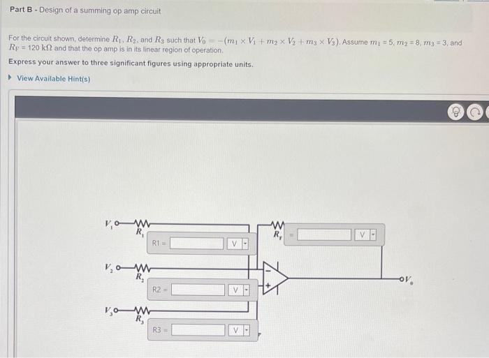 For the circuit shown, determine \( R_{1}, R_{2} \), and \( R_{3} \) such that \( V_{0}=-\left(m_{1} \times V_{1}+m_{2} \time