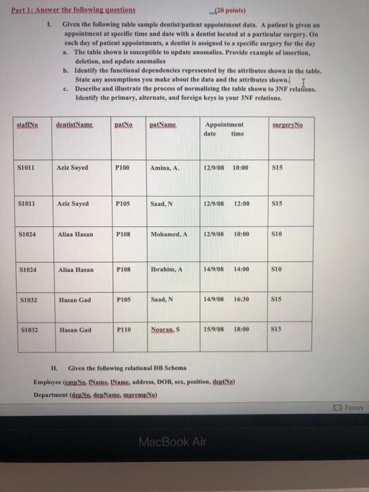 Solved L Part 1: Answer the following questions (20 points) | Chegg.com
