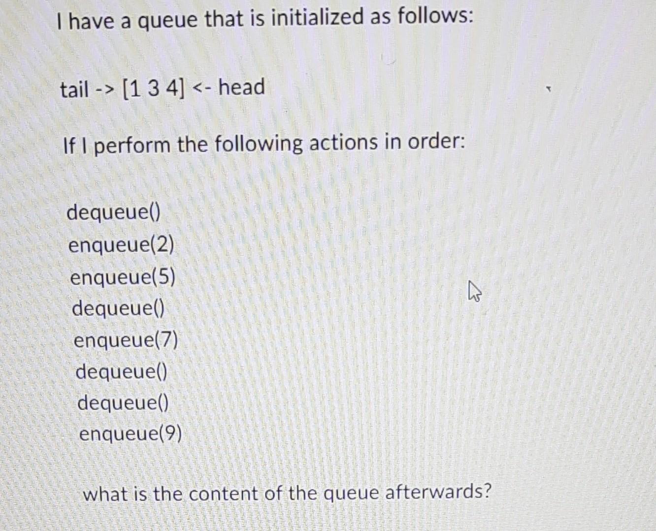 Solved I have a queue that is initialized as follows: tail | Chegg.com