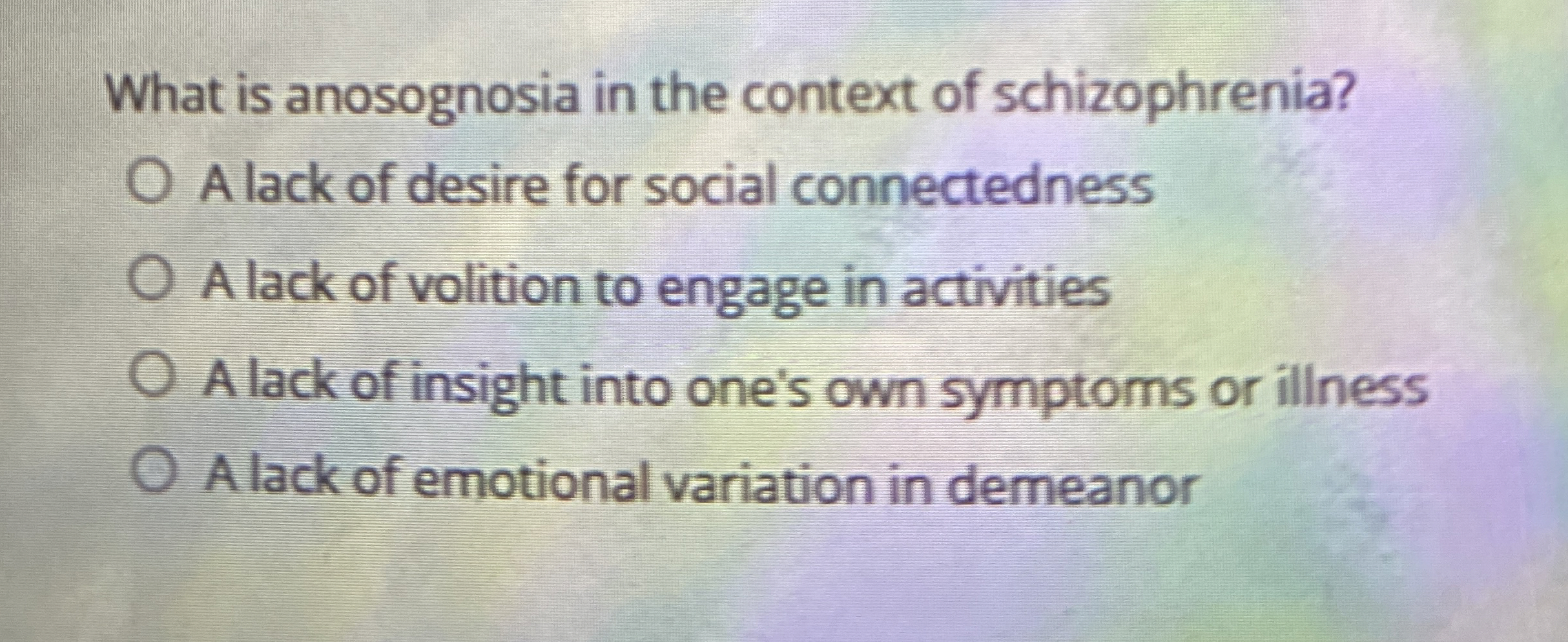 Solved What is anosognosia in the context of schizophrenia?A | Chegg.com