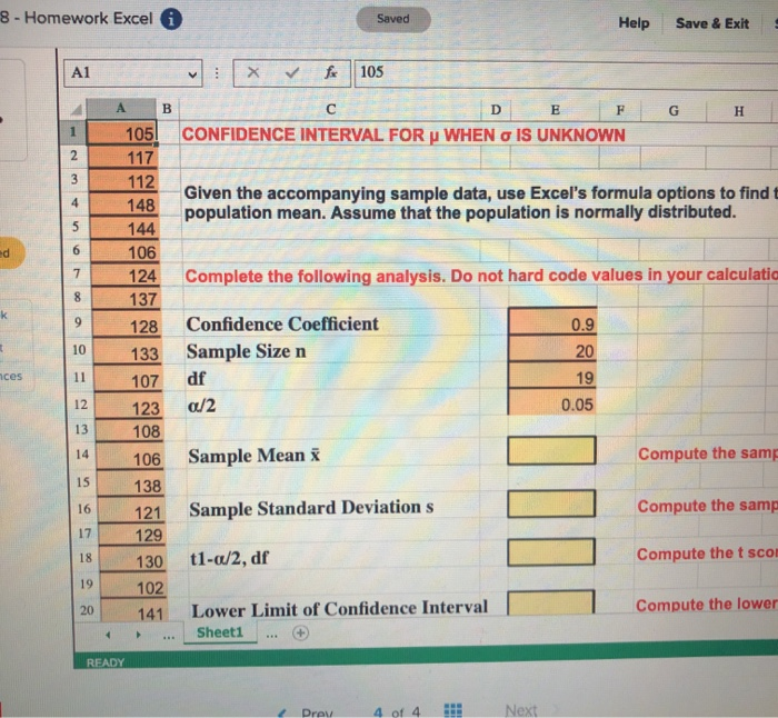 Solved Given the accompanying sample data, use Excel's | Chegg.com