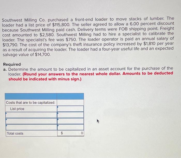 Solved Southwest Milling Co. purchased a front-end loader to | Chegg.com