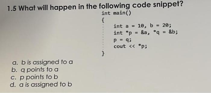 Solved 1.5 What will happen in the following code snippet? | Chegg.com