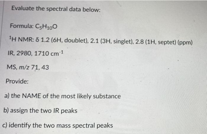 Solved Evaluate the spectral data below: Formula: CsH100 1H | Chegg.com