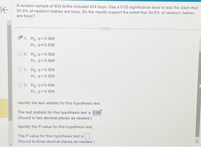 A random sample of 834 births included 434 boys. Use | Chegg.com