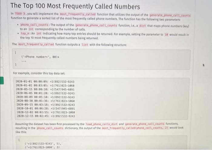 Solved The Top 100 Most Frequently Called Numbers In TODO 3, | Chegg.com image.