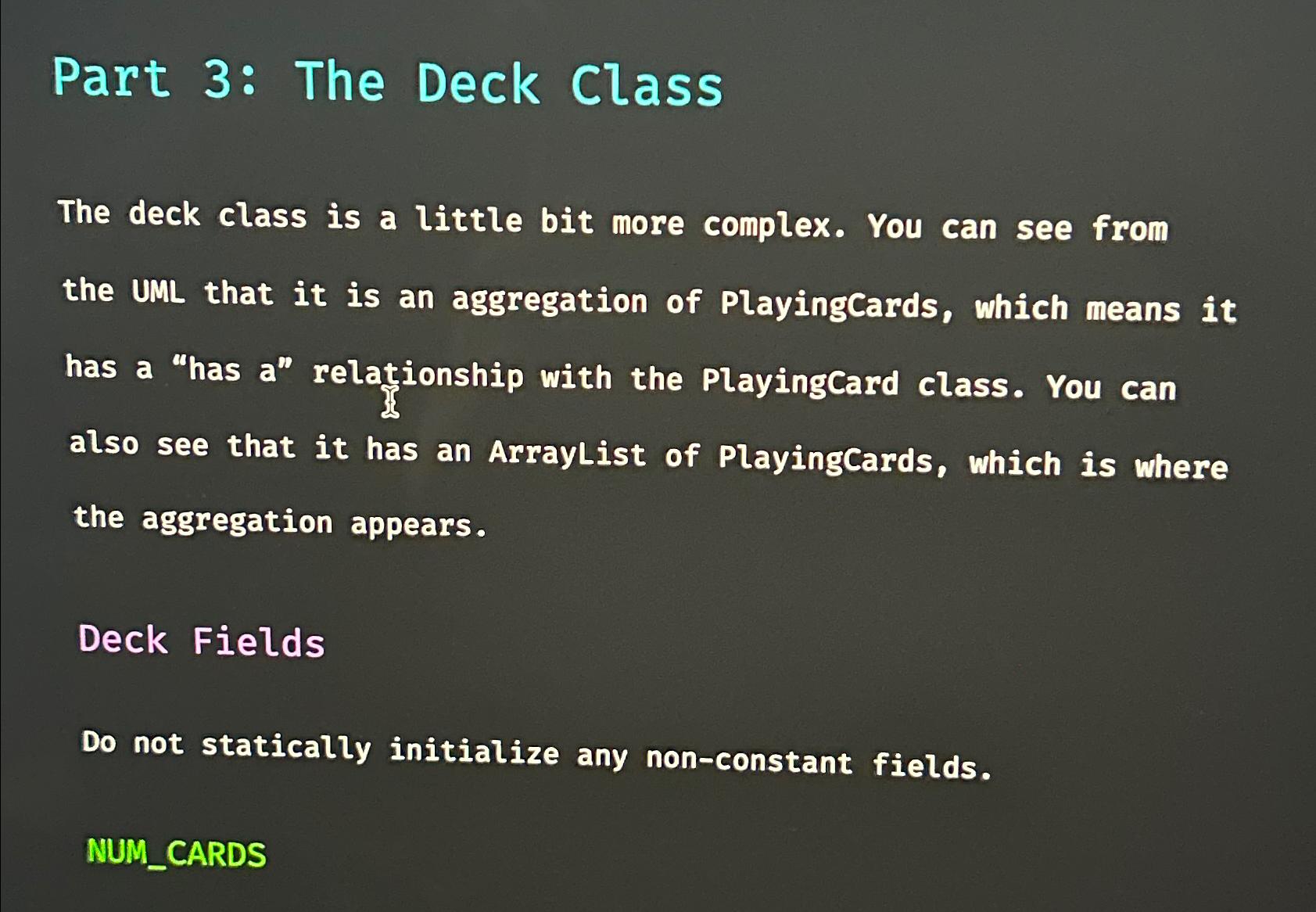 Solved Part 3: The Deck ClassThe deck class is a little bit | Chegg.com