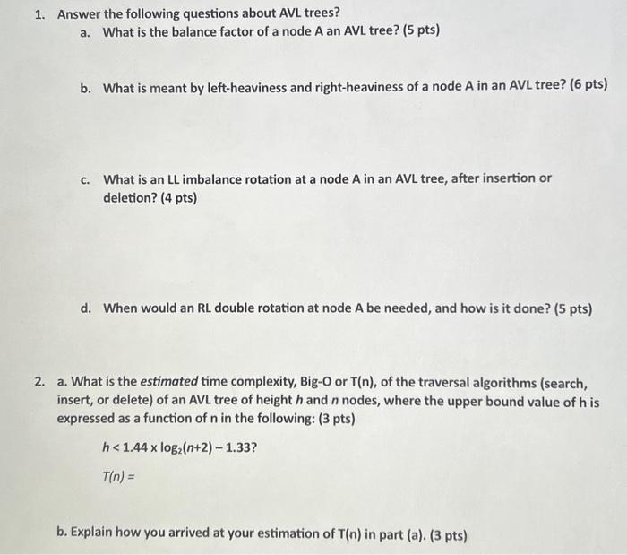 Solved Answer the following questions about AVL trees? a. | Chegg.com