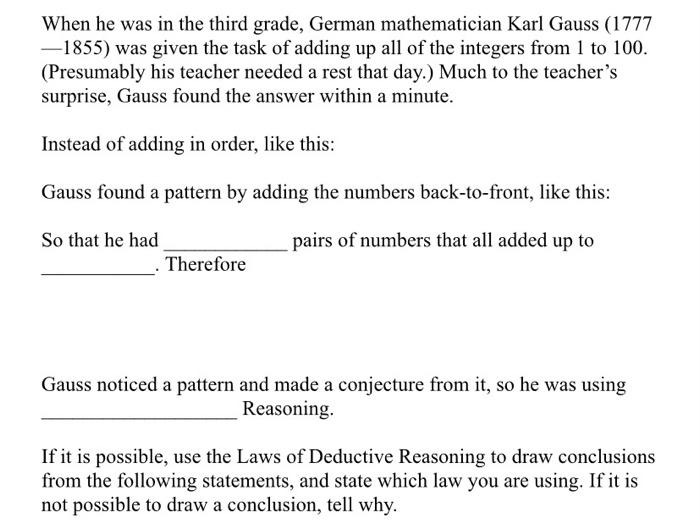 Solved When he was in the third grade, German mathematician | Chegg.com