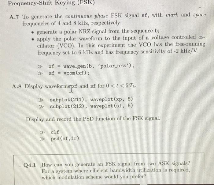 Solved Frequency-Shift Keying (FSK) A.7 To generate the | Chegg.com