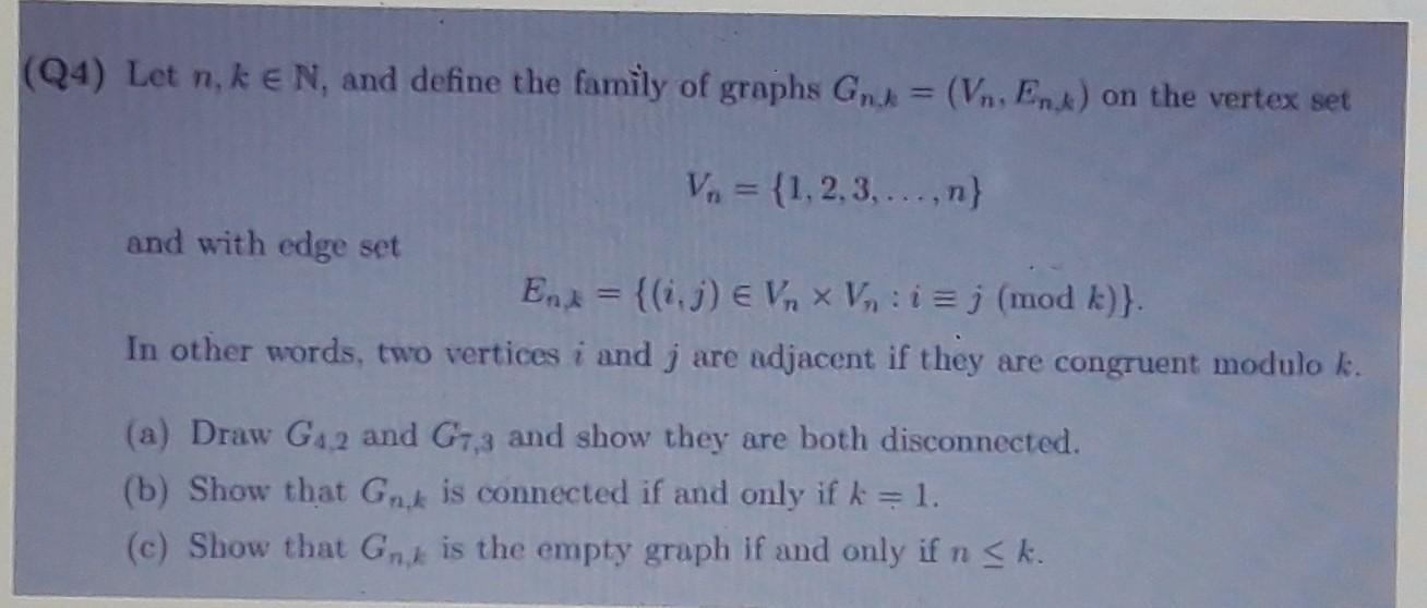 Solved Q4 Let N K E N And Define The Family Of Graphs Chegg Com