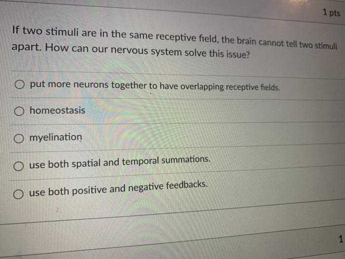 1 pts If two stimuli are in the same receptive field, the brain cannot tell two stimuli apart. How can our nervous system sol