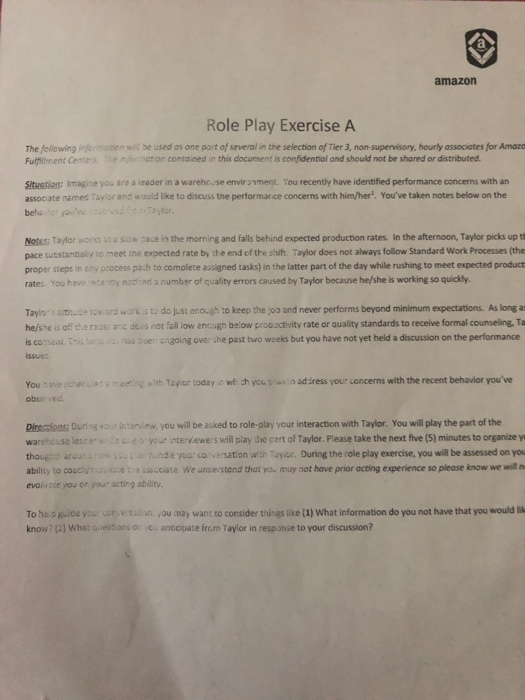 A Amazon Role Play Exercise A The Following Chegg Com