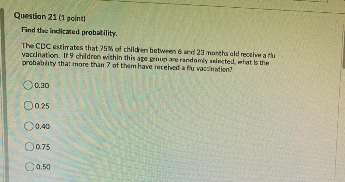 Solved Question 21 (1 point) Find the indicated probability. | Chegg.com