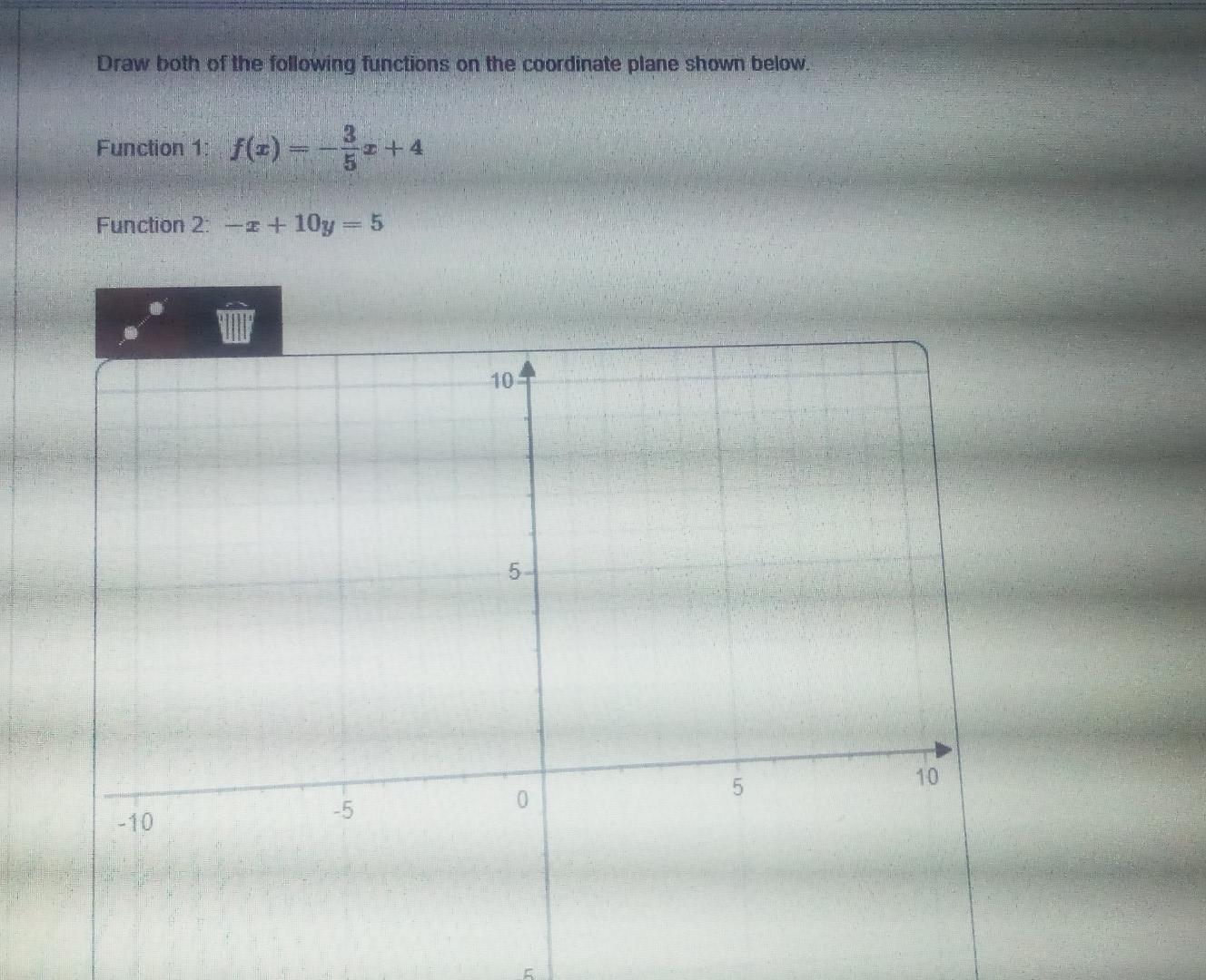 Draw both of the following functions on the coordinate plane shown below.
3
Function 1: f(x)
11
+4
Function 2: -+10y = 5
-10
