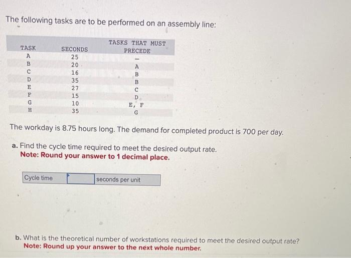 The following tasks are to be performed on an assembly line:
The workday is \( 8.75 \) hours long. The demand for completed p