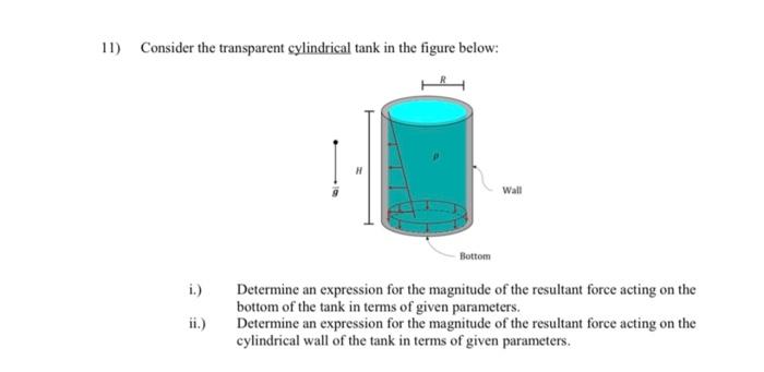 11) Consider the transparent cylindrical tank in the figure below:
i.) Determine an expression for the magnitude of the resul