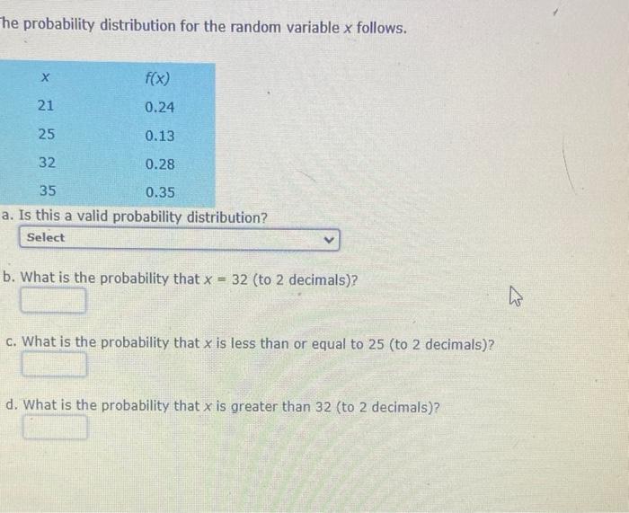 Solved he probability distribution for the random variable x | Chegg.com