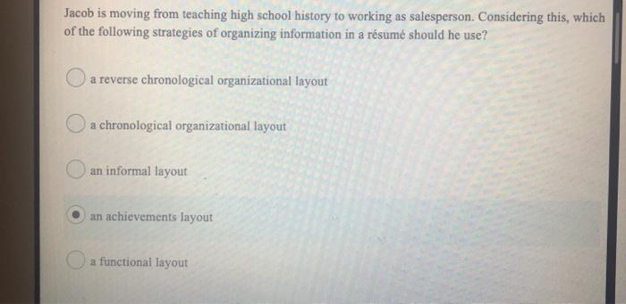 Solved Jacob is moving from teaching high school history to | Chegg.com