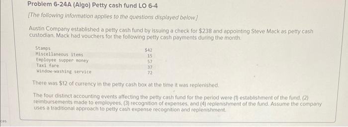 Solved Problem 6 24A Algo Petty Cash Fund LO 6 4 The Chegg Com   Image