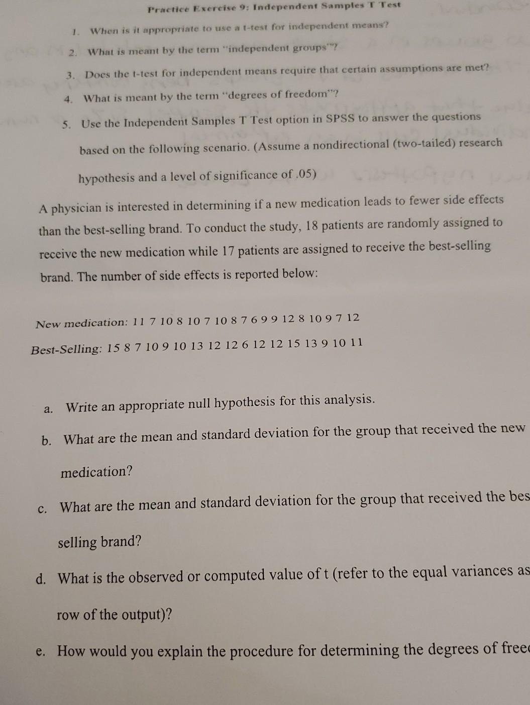 Solved Practice Exercise 9: Independent Samples T Test 1. | Chegg.com