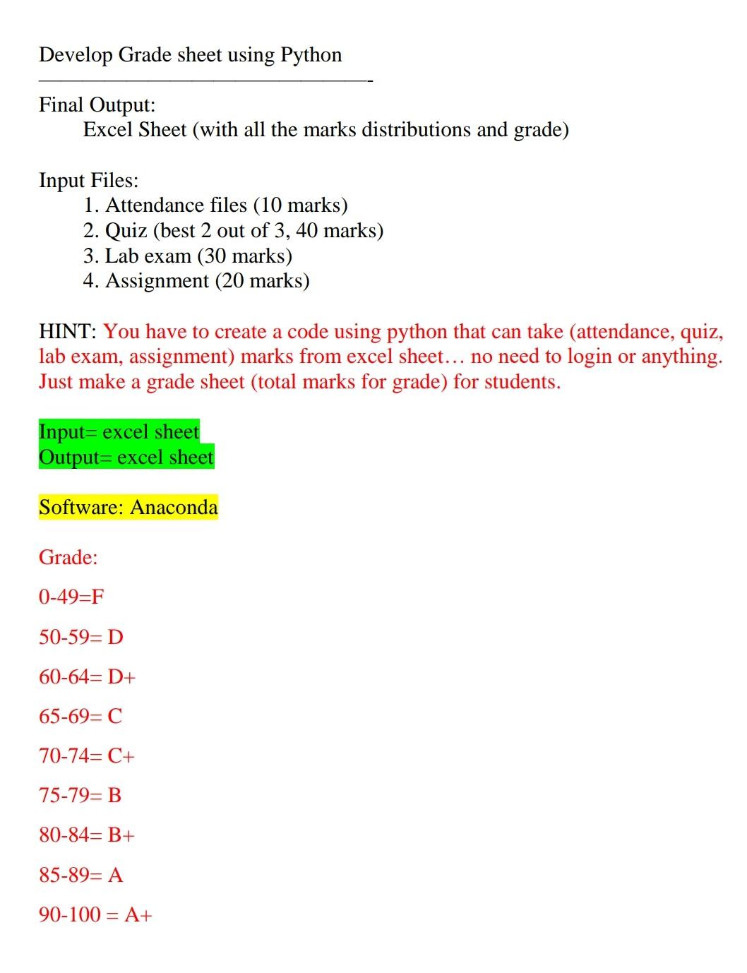 Develop Grade sheet using Python Final Output: Excel | Chegg.com