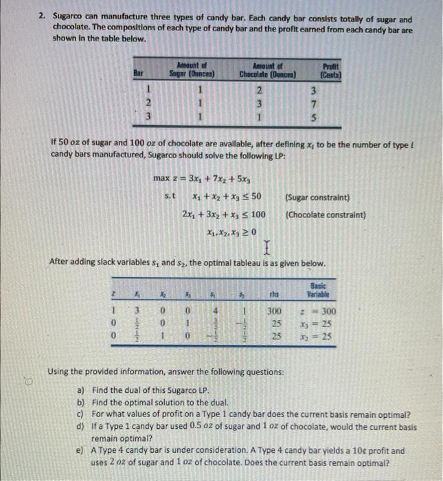 Solved 2. Sugarco Can Manufacture Three Types Of Candy Bar. 