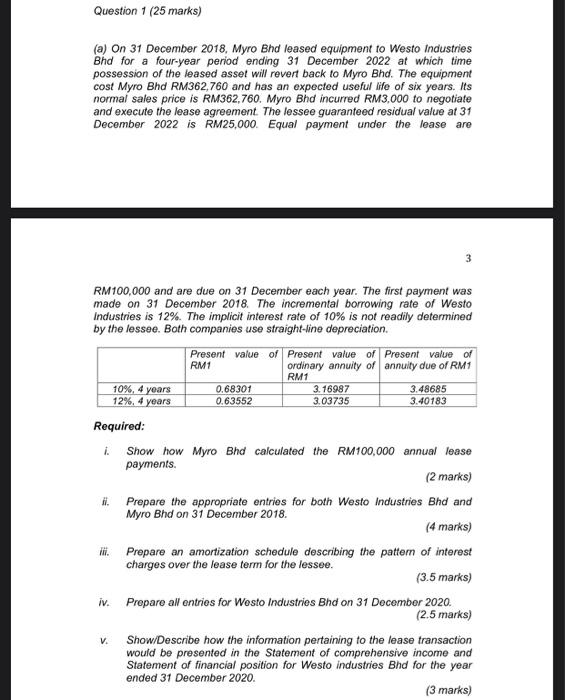 Question 1 25 Marks A On 31 December 2018 Myr Chegg Com