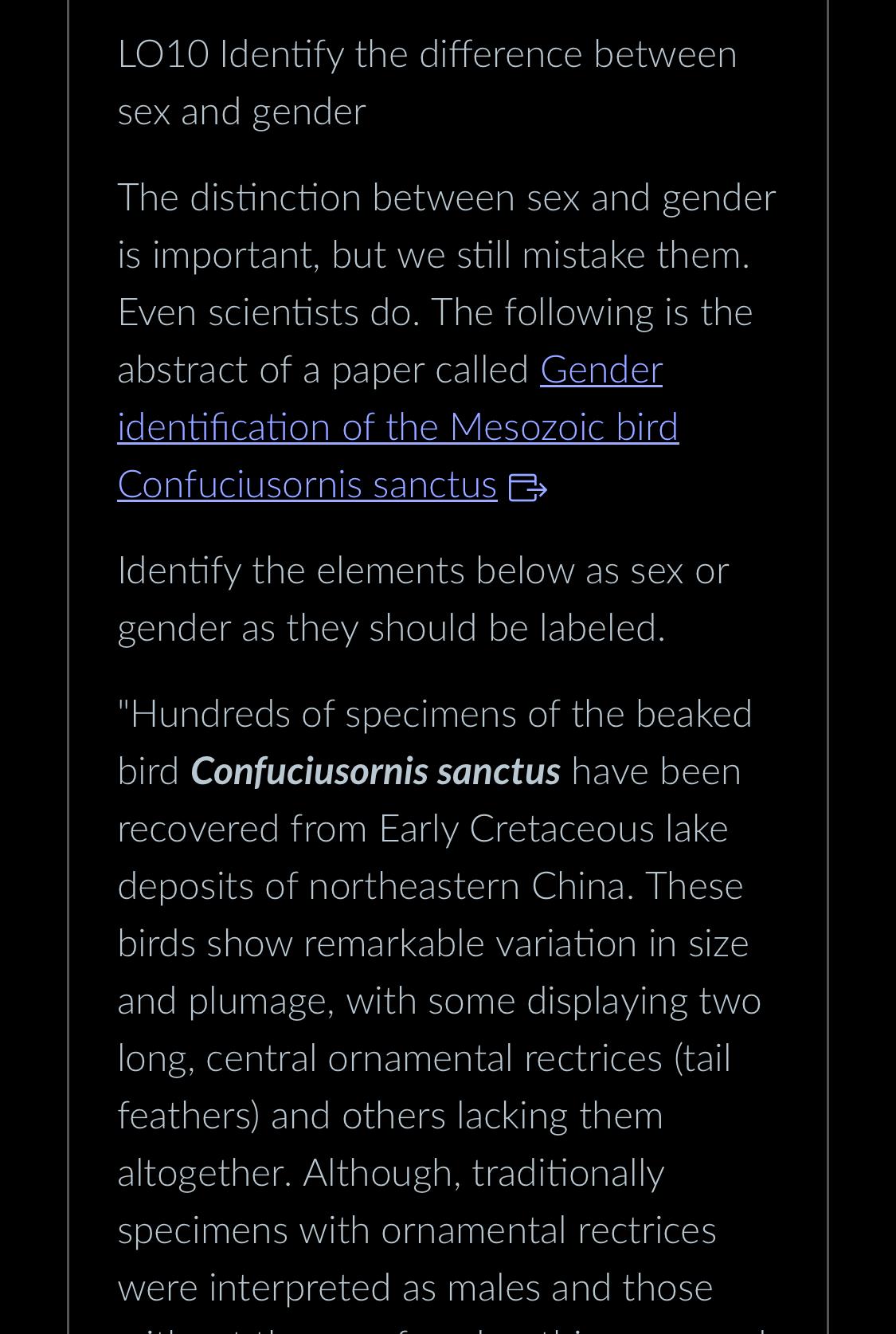 Solved L010 ﻿Identify the difference between sex and | Chegg.com