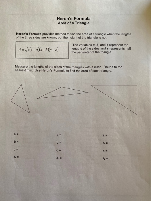 heron's formula to calculate area of triangle