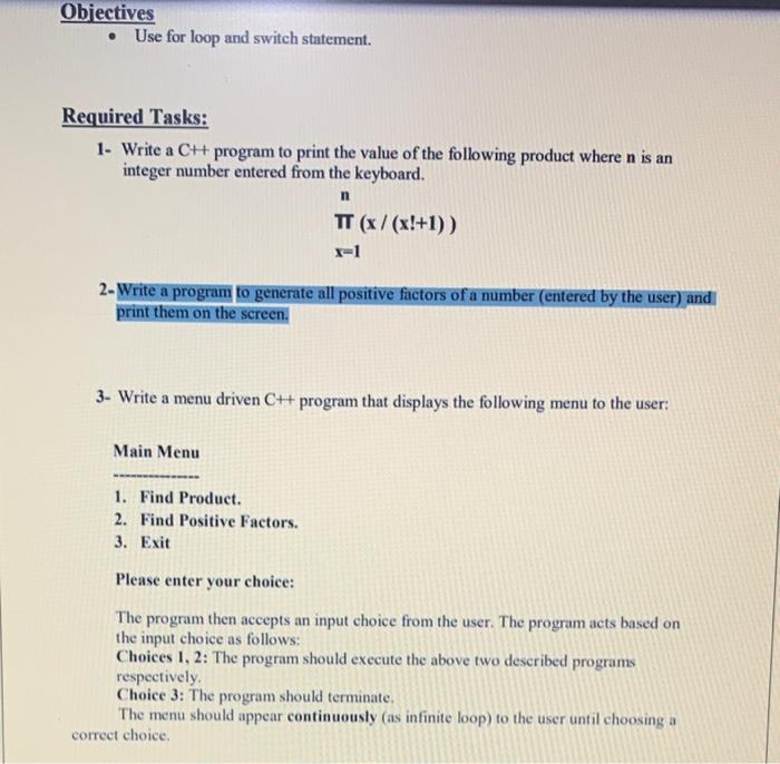 Solved Objectives • Use for loop and switch statement. | Chegg.com