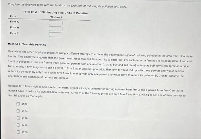 Complete the following table with the total cost to each firm of reducing its pollution by 2 units.
Method 2: Tradable Permit