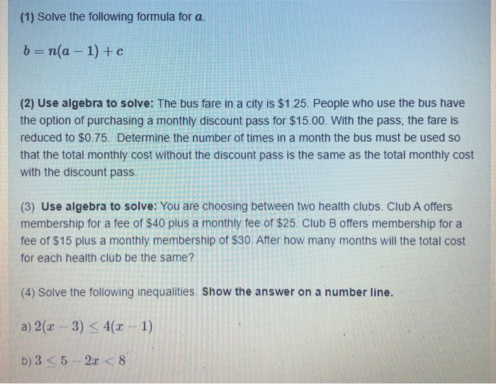 Solved (1) Solve The Following Formula For A. B=n(a - 1)+c | Chegg.com