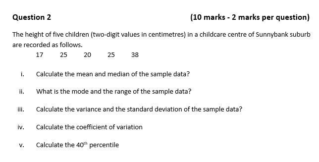 Solved The height of five children (two-digit values in | Chegg.com